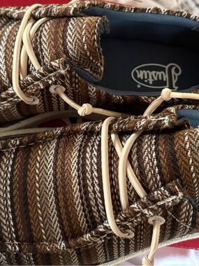 New Justin Men's Casual Brown Striped Canvas Boat Shoes-New 9.5